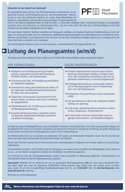 Leitung des Planungsamtes (w/m/d) für die Stadt Pforzheim gesucht