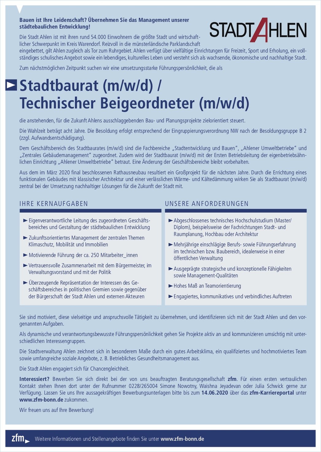 Stadtbaurat (m/w/d) / Technischer Beigeordneter (m/w/d) der Stadt Ahlen gesucht Stadtbaurat (m/w/d) / Technischer Beigeordneter (m/w/d) der Stadt Ahlen gesucht