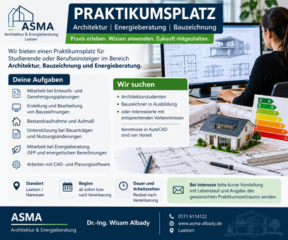 Praktikumsplatz Architektur, Bauzeichnung & Energieberatung – Laatzen/Hannover Praktikumsplatz Architektur, Bauzeichnung & Energieberatung – Laatzen/Hannover