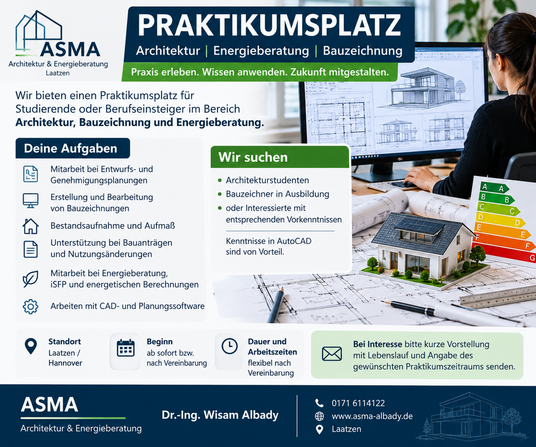 Praktikumsplatz Architektur, Bauzeichnung & Energieberatung – Laatzen/Hannover