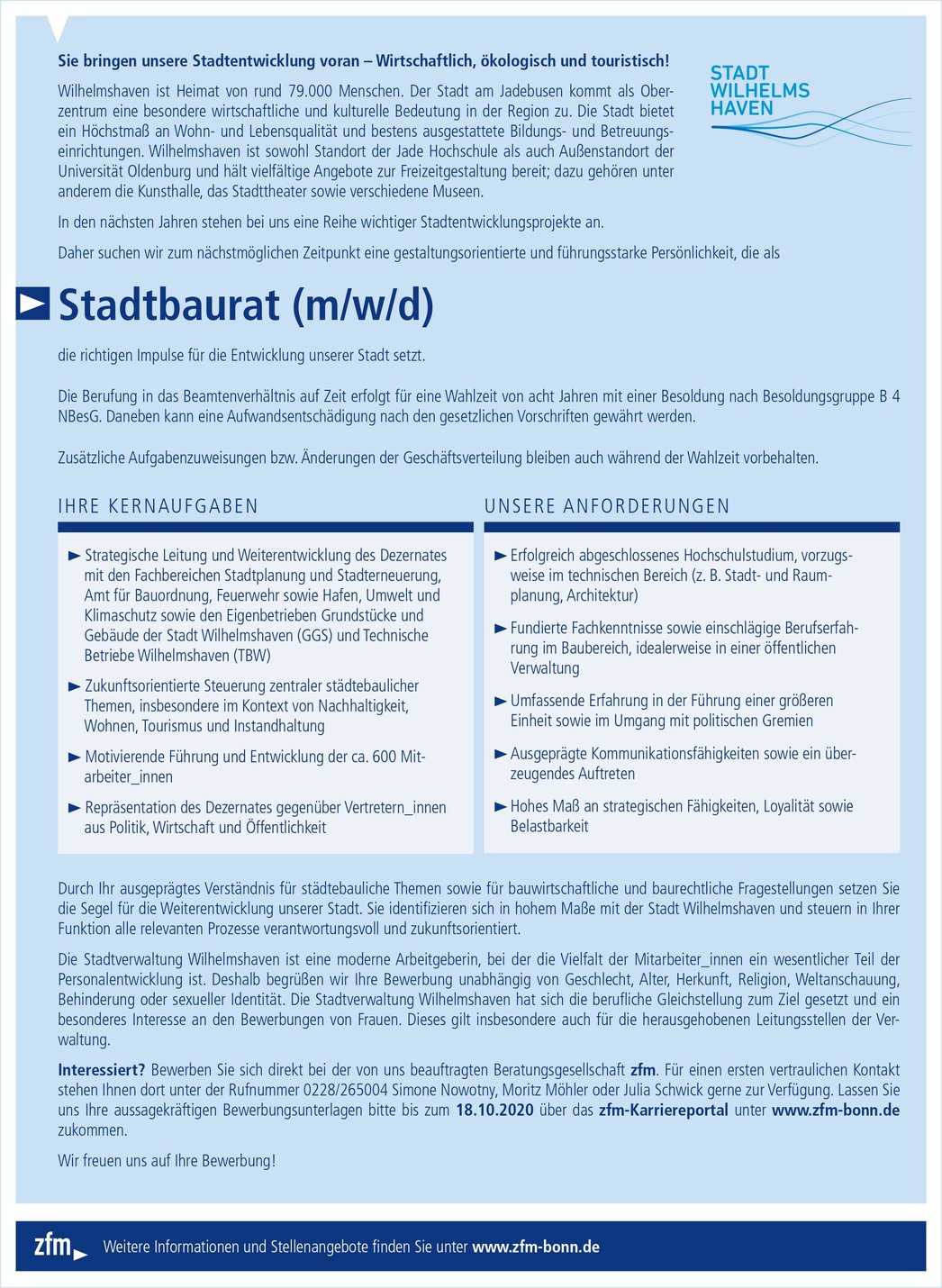 Stadtbaurat (m/w/d) der Stadt Wilhelmshaven Stadtbaurat (m/w/d) der Stadt Wilhelmshaven
