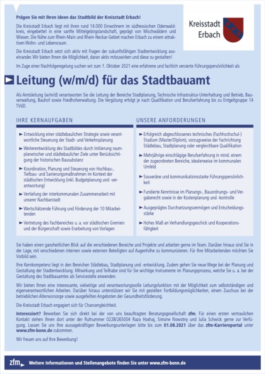 Leitung (w/m/d) für das Stadtbauamt Leitung (w/m/d) für das Stadtbauamt