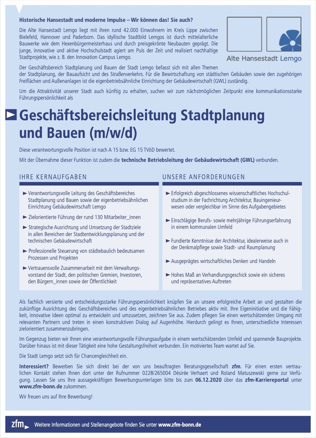Geschäftsbereichsleitung Stadtplanung und Bauen (m/w/d) Geschäftsbereichsleitung Stadtplanung und Bauen (m/w/d)